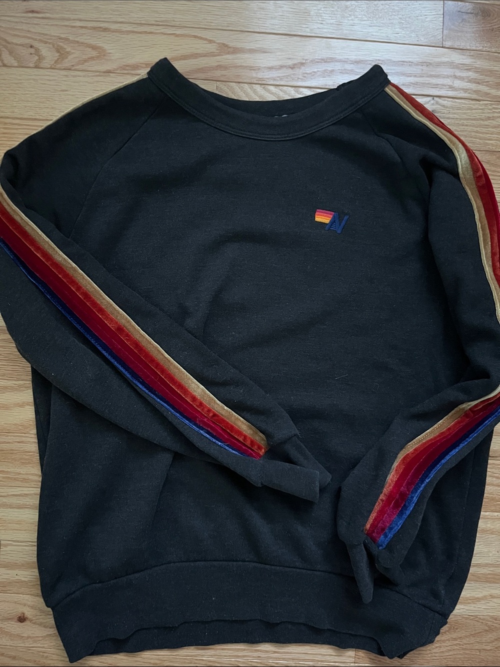 Aviator Nation Crewneck Sweater with Multi-Stripe Velvet Sleeves